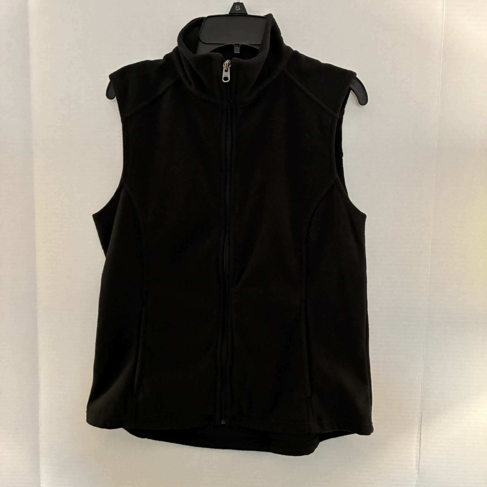 Bass Fleece Vest Women S Black Full Zip Mock Neck Outdoor Hiking Casual Pockets